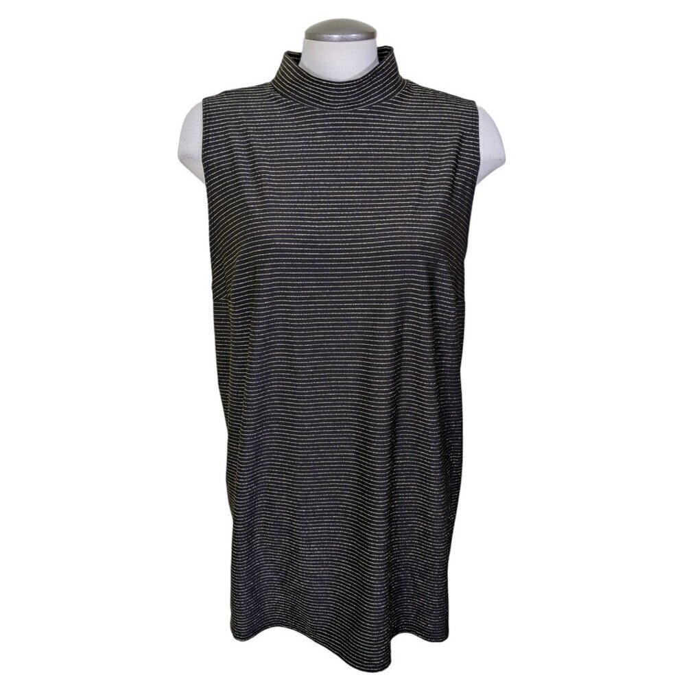 Womens Plus Size 2X Sleeveless Mock Neck Top Black Gold Metallic Stripe Stretch